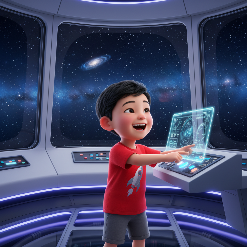 Boy in space station