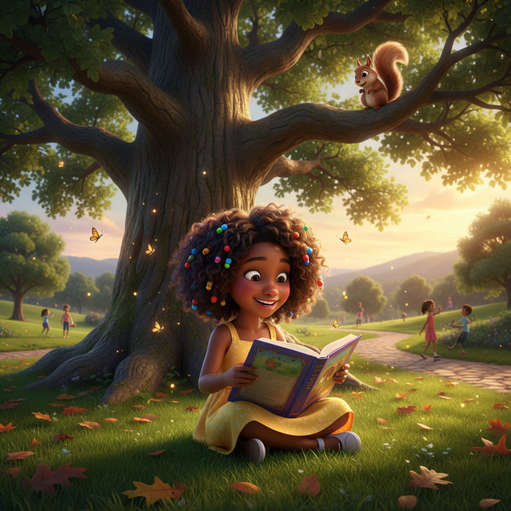 African American girl reading outdoors