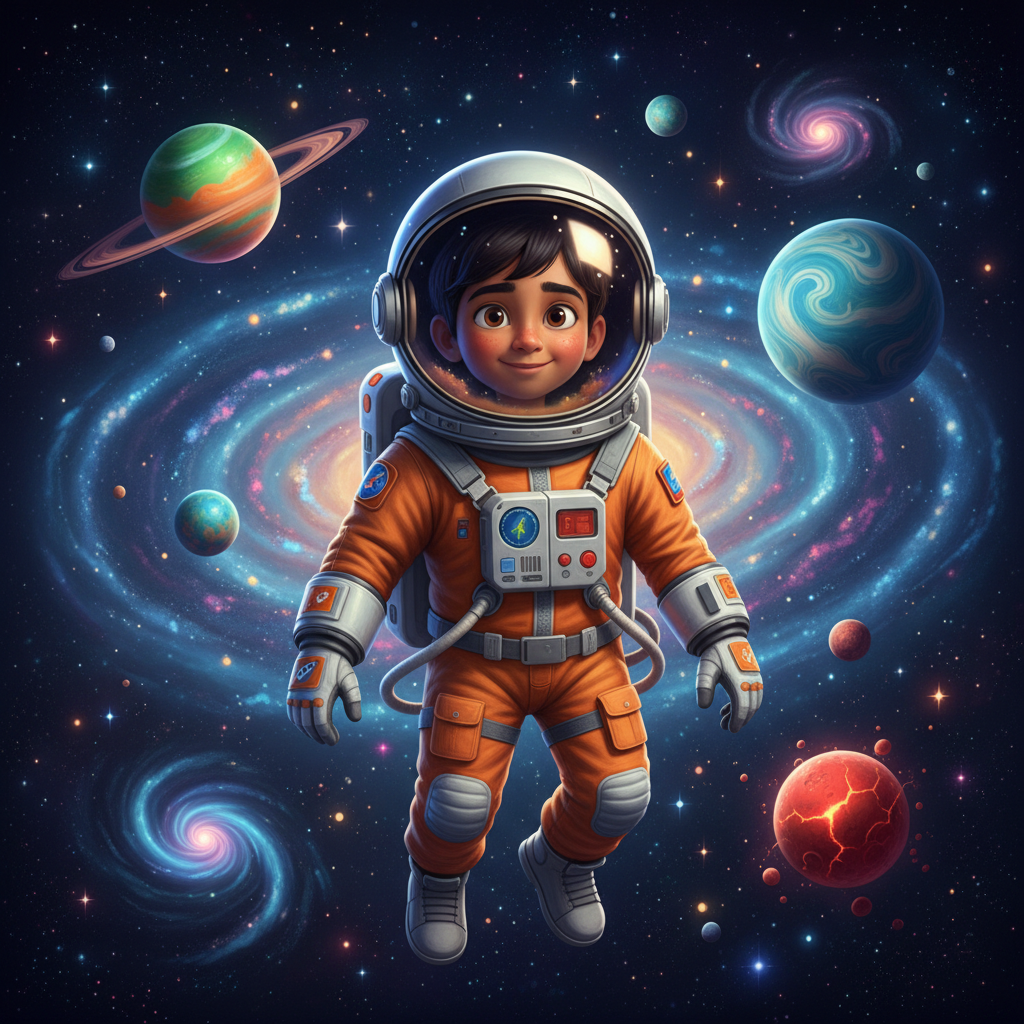 Child astronaut in space