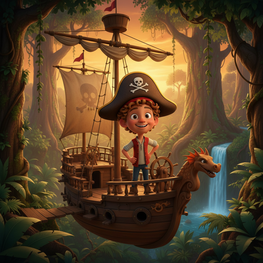 Mixed-race boy on treehouse ship